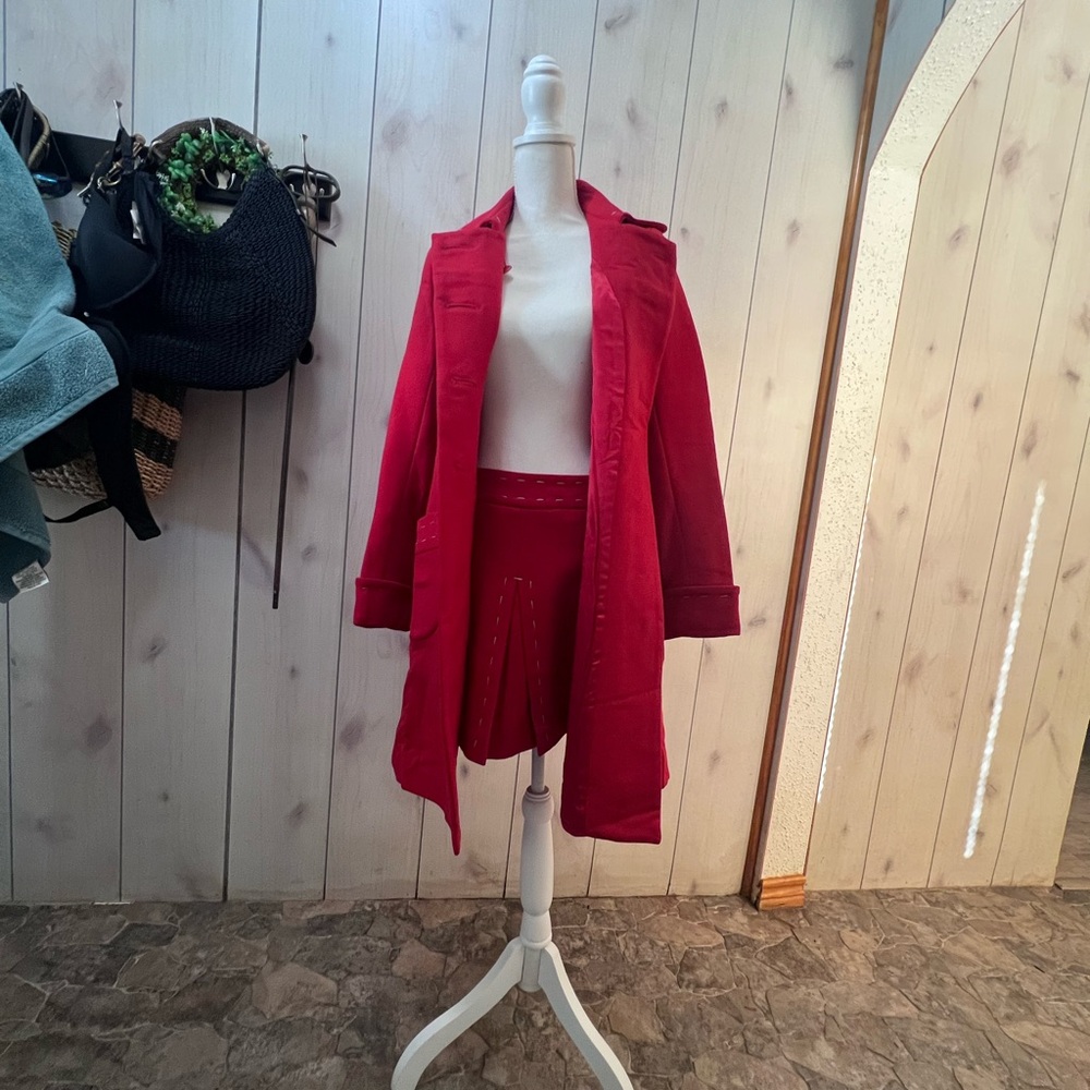 Tara Jarmon Vibrant Red Trench Coat and mini skirt